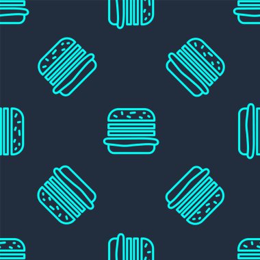 Yeşil çizgi Burger ikonu mavi arka planda kusursuz desen izole etti. Hamburger ikonu. Çizburger sandviç tabelası. Fast food menüsü. Vektör İllüstrasyonu.