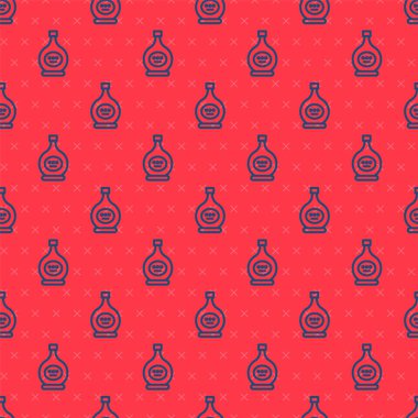 Mavi çizgi konyak şişesi ya da brendi ikonu kırmızı arkaplanda izole edilmiş pürüzsüz desen. Vektör İllüstrasyonu.