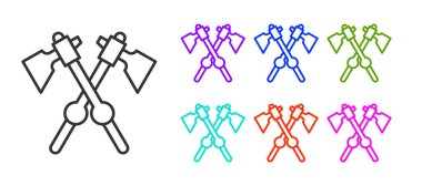 Siyah çizgi, beyaz arka planda izole edilmiş ortaçağ balta simgesini geçti. Savaş baltası, cellat baltası. Ortaçağ silahı. Simgeleri renklendirin. Vektör.