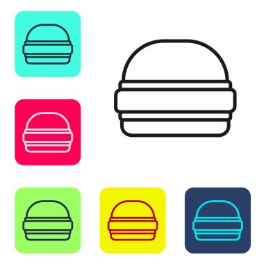 Siyah çizgi Burger simgesi beyaz arkaplanda izole edildi. Hamburger ikonu. Çizburger sandviç tabelası. Fast food menüsü. Renkli kare düğmelerle simgeleri ayarla. Vektör.