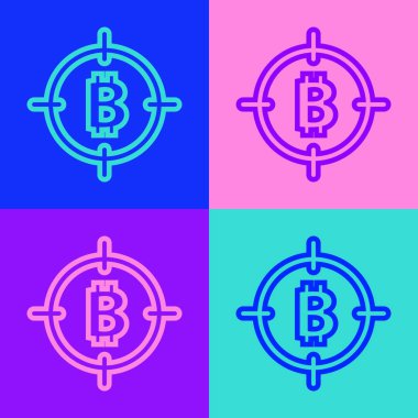 Hedef simgedeki Pop Art Line Bitcoin renk arkaplanında izole edilmiş. Yatırım hedef simgesi. Vektör.