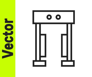 Beyaz arkaplanda siyah çizgi metal dedektörü simgesi izole edildi. Havaalanı güvenlik görevlisi metal dedektör kontrol noktasında. Vektör.