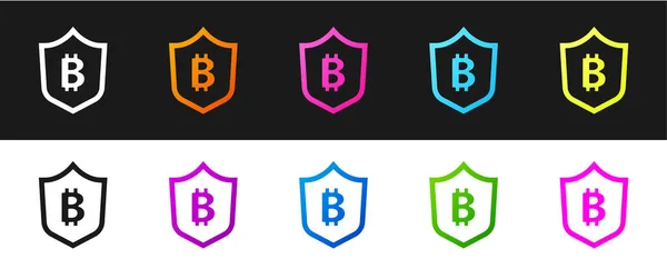 设置盾牌与比特币图标隔离在黑色和白色背景 加密货币开采 区块链技术 安全性 数字货币 — 图库矢量图片