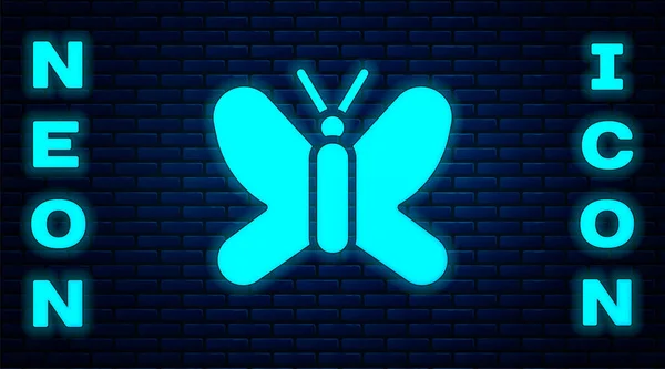 Icona Luminosa Neon Butterfly Isolata Fondo Parete Mattoni Vettore — Vettoriale Stock