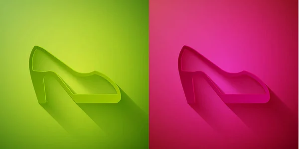 剪纸女鞋与高跟鞋图标隔离绿色和粉红色背景 造纸艺术风格 — 图库矢量图片