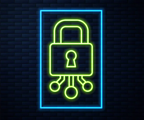 Glödande Neon Linje Cyber Security Ikon Isolerad Tegel Vägg Bakgrund — Stock vektor
