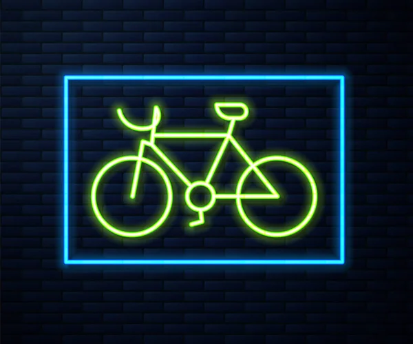 ネオンラインの輝きレンガの壁の背景に隔離された自転車アイコン 自転車レースだ 極端なスポーツだ スポーツ用具 ベクトル — ストックベクタ