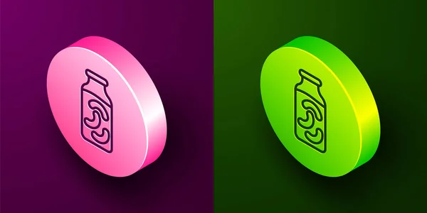 在紫色和绿色背景上隔离的罐子图标中的等距线挑出的黄瓜 圆形按钮 — 图库矢量图片