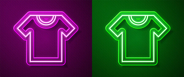 Светящаяся неоновая линия значок футболки изолирован на фиолетовом и зеленом фоне. Вектор.