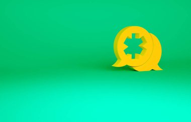 Doktor simgesiyle turuncu diyalog yeşil arka planda izole edildi. Doktor ve hasta diyaloğu. Sağlık hizmetleri hakkında danışmanlık. Minimalizm kavramı. 3d illüstrasyon 3B canlandırma.