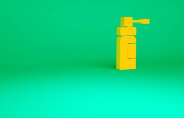 Yeşil arka planda izole edilmiş burun ve boğaz ikonu hastalıklarının tedavisi için sprey sıkılmış turuncu ilaç şişesi. Minimalizm kavramı. 3d illüstrasyon 3B canlandırma.