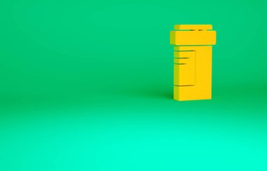 Turuncu ilaç şişesi ikonu yeşil arka planda izole edilmiş. Şişe hapı işareti. Eczane tasarımı. Minimalizm kavramı. 3d illüstrasyon 3B canlandırma.