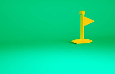 Yeşil arkaplanda turuncu golf bayrağı simgesi izole edildi. Golf ekipmanı ya da aksesuar. Minimalizm kavramı. 3d illüstrasyon 3B canlandırma.