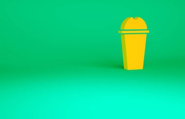 Yeşil arkaplanda turuncu milkshake simgesi izole edildi. Kapaklı ve samanlı plastik bardak. Minimalizm kavramı. 3d illüstrasyon 3B canlandırma.