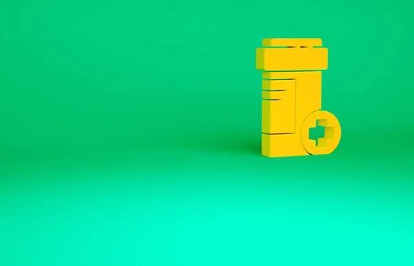 橙色药瓶图标隔离在绿色背景 瓶装药丸标志 药房设计 最低纲领的概念 3D渲染3D插图 — 图库照片