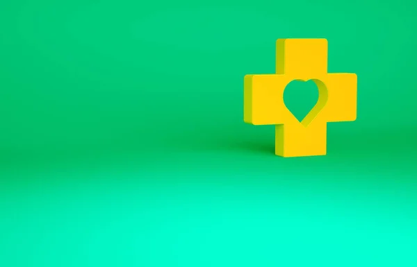 Orange Heart with a cross icon isolated on green background. First aid. Healthcare, medical and pharmacy sign. Minimalism concept. 3d illustration 3D render.