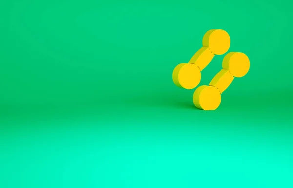 橙色的哑铃图标孤立在绿色背景上 肌肉举重图标 健身杠铃 运动器械 运动杠铃 最低纲领的概念 3D渲染3D插图 — 图库照片