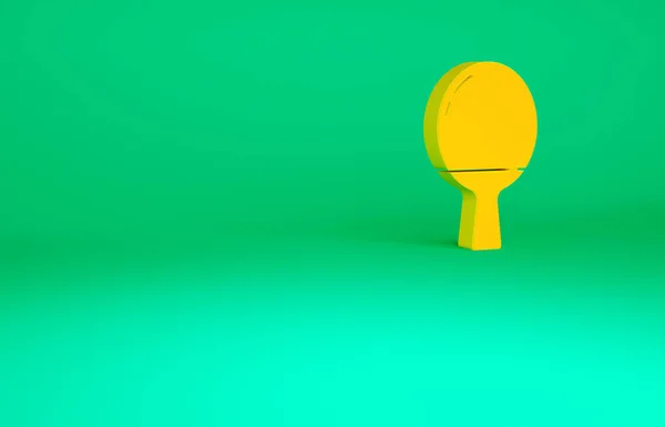 緑の背景に隔離された卓球アイコンを再生するためのオレンジのラケット 最小限の概念 3Dイラスト3Dレンダリング — ストック写真