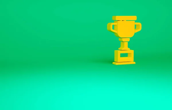 橙色奖杯图标孤立在绿色背景 冠军奖杯的象征 锦标赛或竞赛奖杯 体育成就标志 最低纲领的概念 3D渲染3D插图 — 图库照片