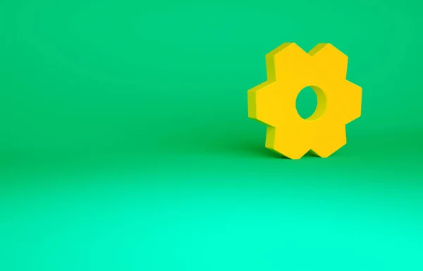 橙色齿轮图标孤立在绿色背景 Cogwheel齿轮设置标志 Cog符号最低纲领的概念 3D渲染3D插图 — 图库照片
