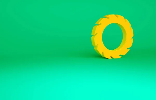 橙色汽车轮胎车轮图标隔离在绿色背景 最低纲领的概念 3D渲染3D插图 — 图库照片