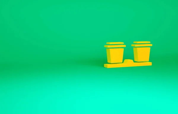 橙色咖啡杯将成为绿色背景中孤立的图标 最低纲领的概念 3D渲染3D插图 — 图库照片