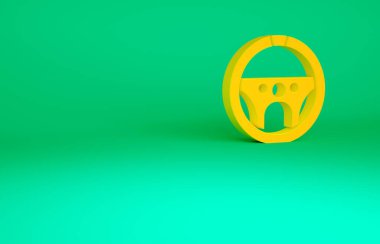 Turuncu direksiyon simgesi yeşil arka planda izole edildi. Araba tekeri ikonu. Minimalizm kavramı. 3d illüstrasyon 3B canlandırma.