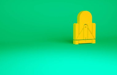 Uzay simgesinden turuncu roket fırlatması yeşil arkaplanda izole edildi. Uzaya roket fırlatın. Minimalizm kavramı. 3d illüstrasyon 3B canlandırma.