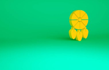 Yeşil arka planda tüy ikonu olan Turuncu Rüya Yakalayıcı. Minimalizm kavramı. 3d illüstrasyon 3B canlandırma.