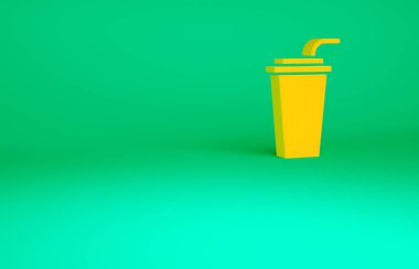 Yeşil zemin üzerinde saman ve su ikonu bulunan turuncu kağıt bardak. Soda bardağı. Taze soğuk içecek sembolü. Minimalizm kavramı. 3d illüstrasyon 3B canlandırma.