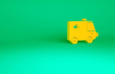 Yeşil arka planda turuncu ambulans ve acil durum arabası ikonu izole edildi. Ambulans aracı tıbbi tahliye. Minimalizm kavramı. 3d illüstrasyon 3B canlandırma.