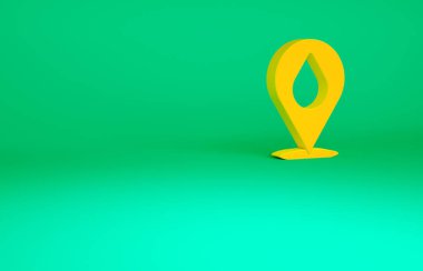 Yeşil zemin üzerinde konum simgesi olan turuncu su damlası. Minimalizm kavramı. 3d illüstrasyon 3B canlandırma.