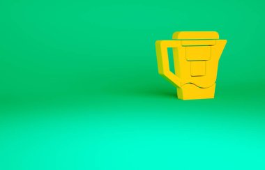 Yeşil arkaplanda izole edilmiş filtre simgesi olan turuncu su testisi. Minimalizm kavramı. 3d illüstrasyon 3B canlandırma.