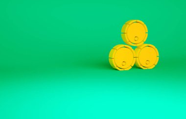 Turuncu tahta fıçı ikonu yeşil arka planda izole edildi. Alkol fıçısı, içki kabı, bira için tahta fıçı, viski, şarap. Minimalizm kavramı. 3d illüstrasyon 3B canlandırma.