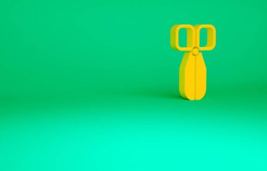 Yeşil arkaplanda turuncu makas simgesi izole edildi. Alet kesme işareti. Minimalizm kavramı. 3d illüstrasyon 3B canlandırma.