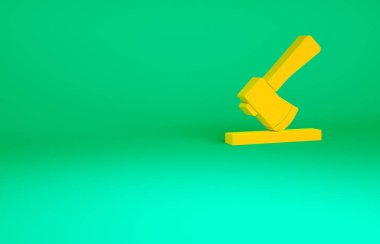 Yeşil arka planda izole edilmiş turuncu tahta balta simgesi. Oduncu baltası. Minimalizm kavramı. 3d illüstrasyon 3B canlandırma.