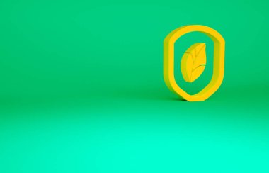 Yeşil arka planda yaprak simgesi olan turuncu kalkan. Yapraklı çevre dostu güvenlik kalkanı. Minimalizm kavramı. 3d illüstrasyon 3B canlandırma.