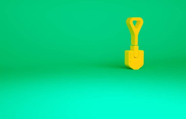 Yeşil arkaplanda turuncu kürek simgesi izole edildi. Bahçe aletleri. Bahçecilik, tarım, çiftçilik aleti. Minimalizm kavramı. 3d illüstrasyon 3B canlandırma.