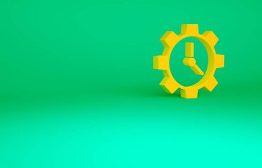 Turuncu Zaman Yönetimi simgesi yeşil arkaplanda izole edildi. Saat ve vites tabelası. Üretkenlik sembolü. Minimalizm kavramı. 3d illüstrasyon 3B canlandırma.