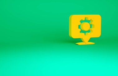 Yeşil arkaplanda dişli simgesi olan turuncu konum. Minimalizm kavramı. 3d illüstrasyon 3B canlandırma.