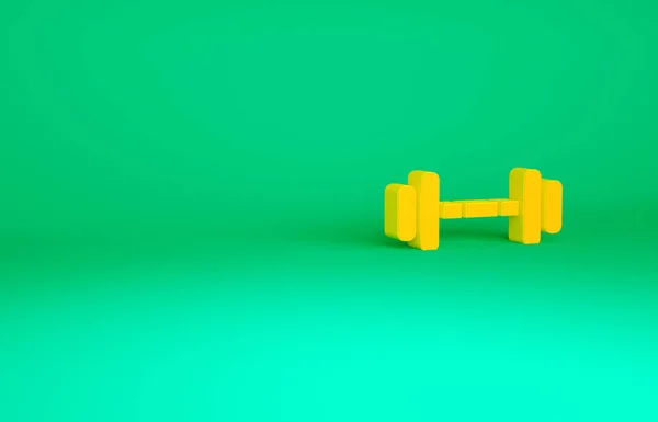 緑の背景に隔離されたオレンジのダンベルアイコン 筋肉のリフティングアイコン フィットネスバー スポーツ用品 運動のバンベル 最小限の概念 3Dイラスト3Dレンダリング — ストック写真