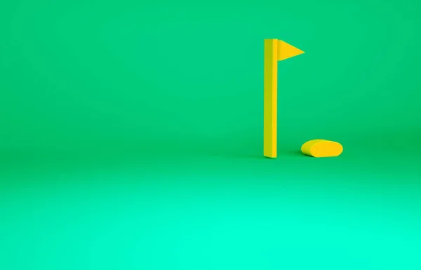 緑の背景に孤立オレンジゴルフフラグアイコン ゴルフ用具か付属品 最小限の概念 3Dイラスト3Dレンダリング — ストック写真