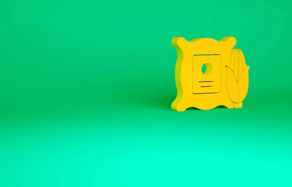緑の背景に隔離された袋のアイコンのオレンジコーン キャンバスバッグの中のコーン ファーマーズマーケット 最小限の概念 3Dイラスト3Dレンダリング — ストック写真