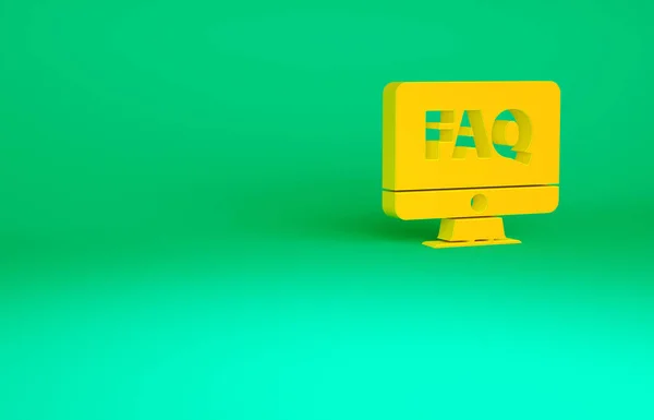 橙色计算机监视器和Faq图标在绿色背景下隔离 最低纲领的概念 3D渲染3D插图 — 图库照片