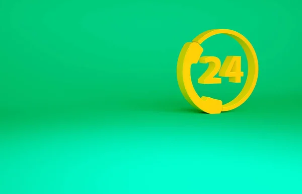 橙色电话24小时支持图标孤立的绿色背景 全天客户支持呼叫中心 全职电话服务 最低纲领的概念 3D渲染3D插图 — 图库照片