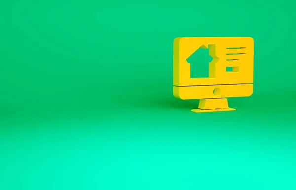橙色在线房产监控图标隔离在绿色背景上 住房贷款的概念 购买房产 最低纲领的概念 3D渲染3D插图 — 图库照片