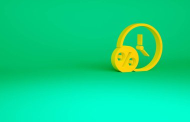 Turuncu saat ve yüzde ikon yeşil arka planda izole edildi. Minimalizm kavramı. 3d illüstrasyon 3B canlandırma.