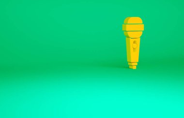 Yeşil arkaplanda turuncu mikrofon simgesi izole edildi. Radyodaki mikrofondan. Sözcü işareti. Minimalizm kavramı. 3d illüstrasyon 3B canlandırma.
