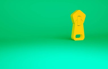 Yeşil arkaplanda turuncu fermuar simgesi izole edildi. Minimalizm kavramı. 3d illüstrasyon 3B canlandırma.
