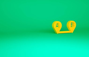 Turuncu Yol konum simgesi yeşil arkaplanda izole edildi. Harita işaretçisi işareti. Yol ya da yol kavramı. GPS navigatörü. Minimalizm kavramı. 3d illüstrasyon 3B canlandırma.